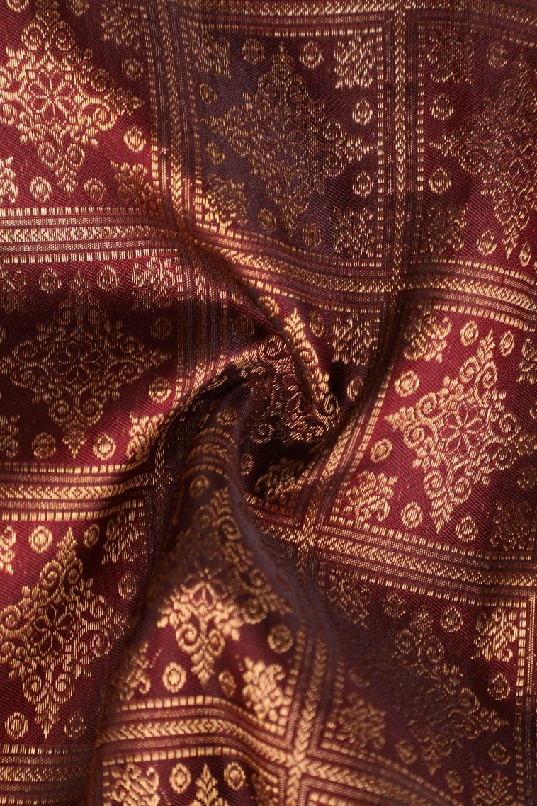 Berry Red Kanchipuram Silk Sarees with Gold Zari Checks And Puttas view 4
