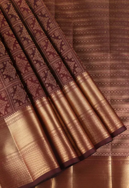 Berry Red Kanchipuram Silk Sarees with Gold Zari Checks And Puttas