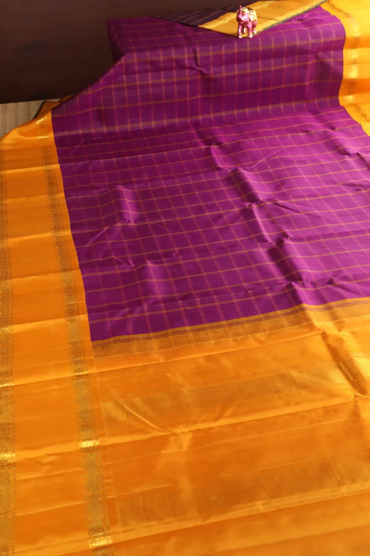 Magenta Purple Kanchipuram Silk Sarees with Gold Zari Checks view 2