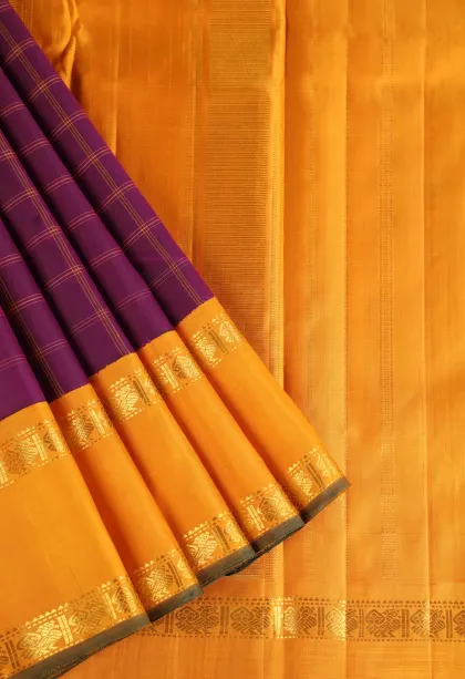 Magenta Purple Kanchipuram Silk Sarees with Gold Zari Checks