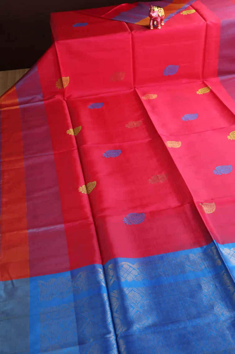 Punch Pink Soft Silk Saree with Gold Zari Mango Puttas view 2