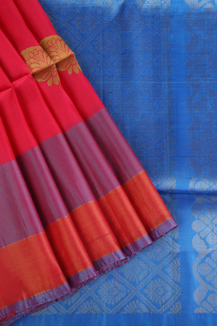 Punch Pink Soft Silk Saree with Gold Zari Mango Puttas view 1