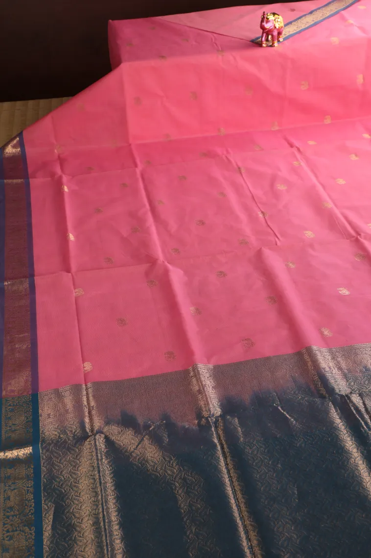 Rose Pink Pure Handloom Kovai Cotton with Gold Zari Elephant Motif view 2
