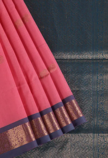 Rose Pink Pure Handloom Kovai Cotton with Gold Zari Elephant Motif