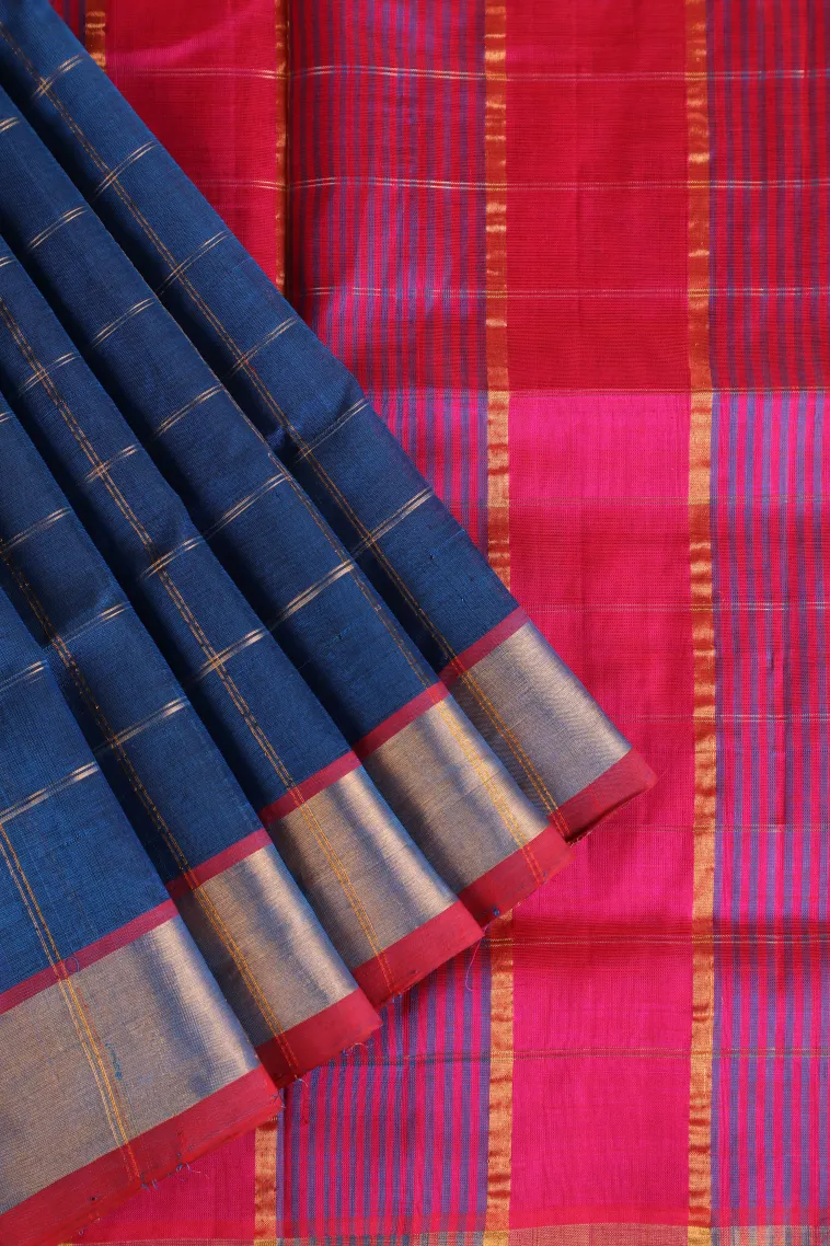 Azure Blue Silk Cotton with Gold Zari Checks view 1