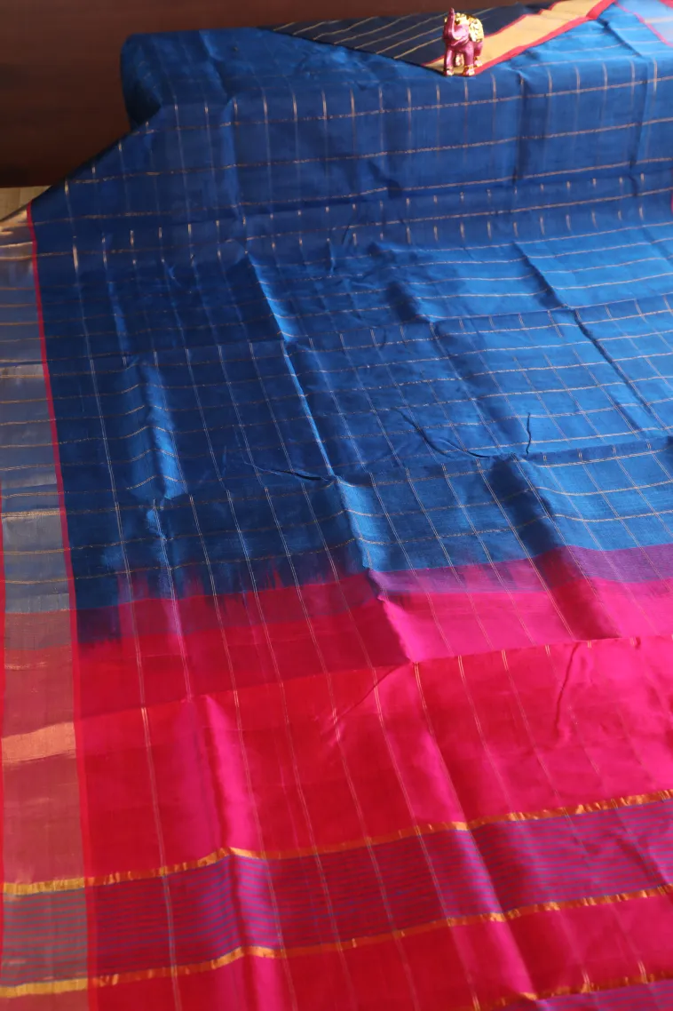 Azure Blue Silk Cotton with Gold Zari Checks view 2