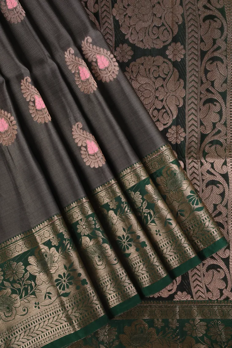 Granite Black Soft Silk Saree with Gold Zari Mango Puttas