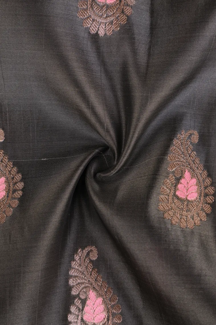 Granite Black Soft Silk Saree with Gold Zari Mango Puttas view 4