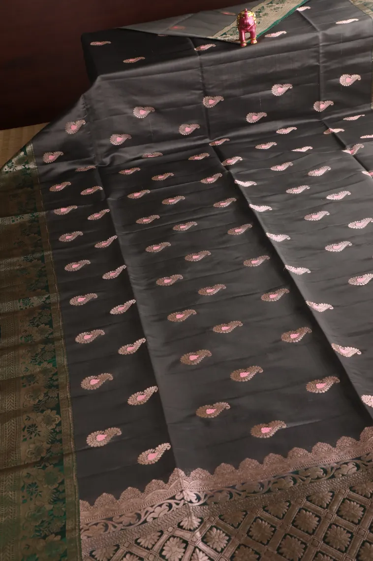 Granite Black Soft Silk Saree with Gold Zari Mango Puttas view 2