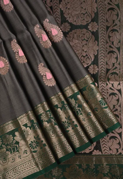 Granite Black Soft Silk Saree with Gold Zari Mango Puttas