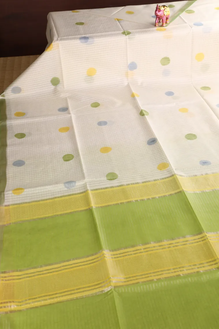Cotton White Semi Tussar Silk with Gold And Silver Zari Small Checks Pattern view 2