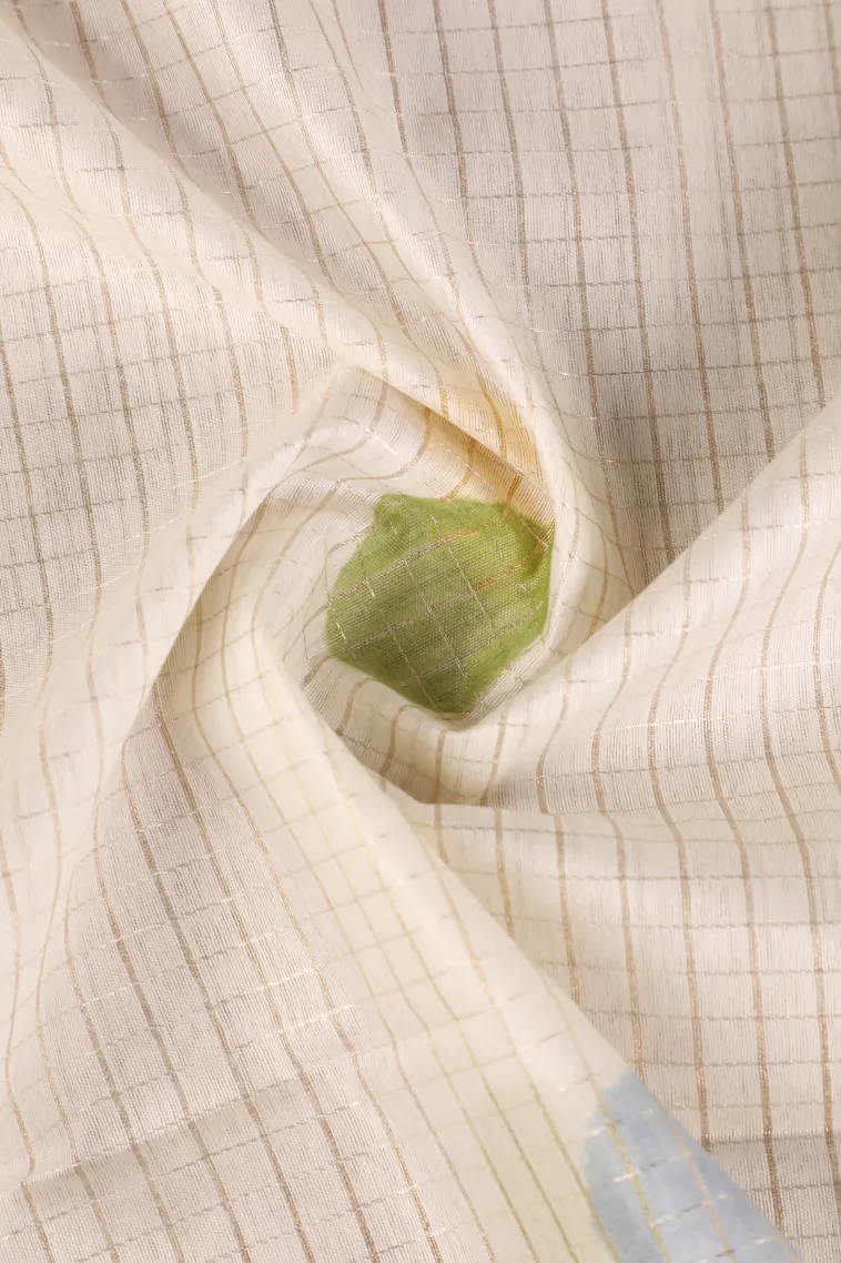 Cotton White Semi Tussar Silk with Gold And Silver Zari Small Checks Pattern view 4
