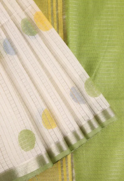 Cotton White Semi Tussar Silk with Gold And Silver Zari Small Checks Pattern