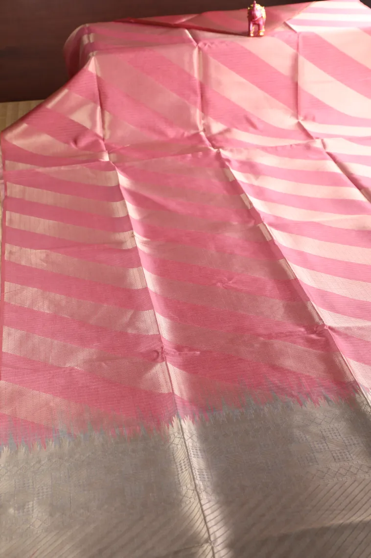 Rouge Pink Tussar Saree with Gold Zari Stripes view 2