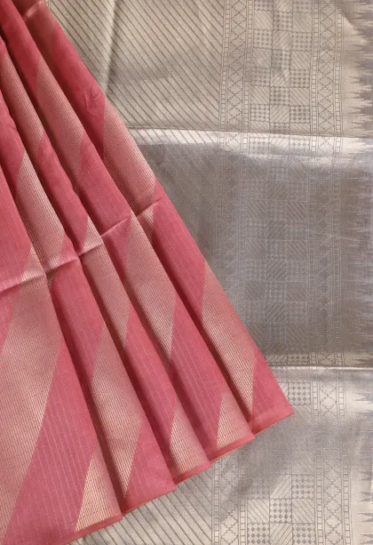 Rouge Pink Tussar Saree with Gold Zari Stripes