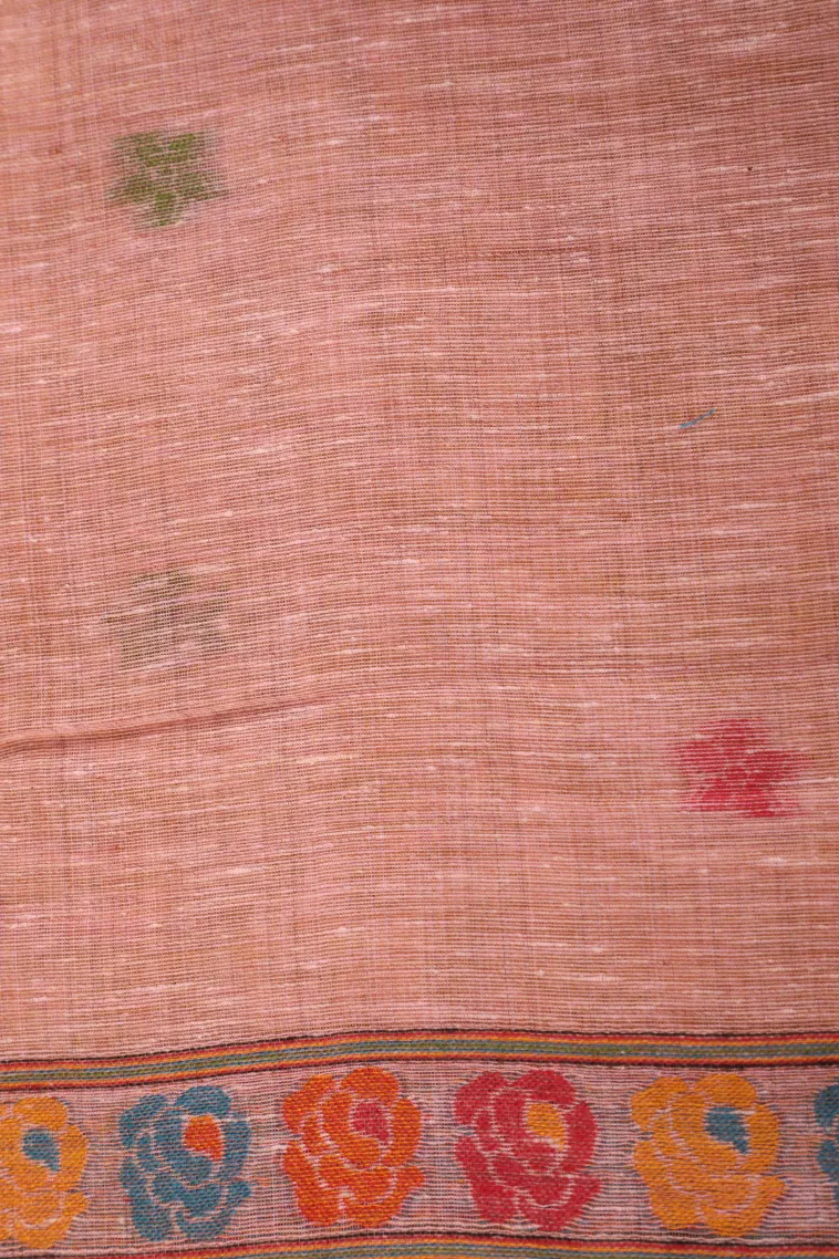 Salmon Pink Linen Saree with Gold Zari Flower Mottif view 3
