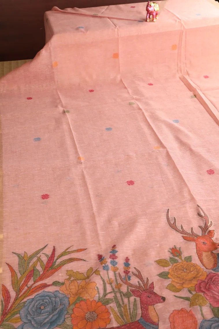 Salmon Pink Linen Saree with Gold Zari Flower Mottif view 2