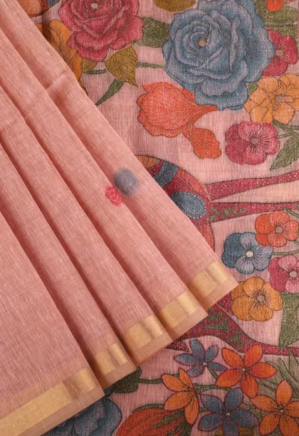 Salmon Pink Linen Saree with Gold Zari Flower Mottif