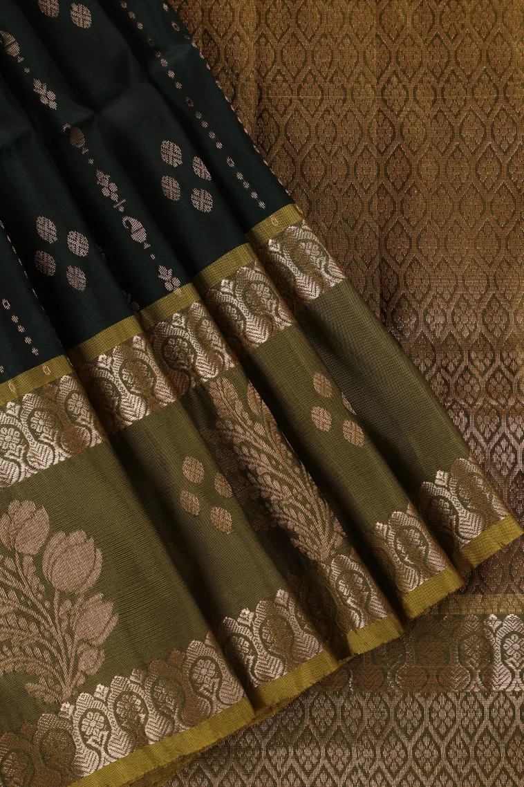 Bottle Green Soft Silk Saree with Gold Zari Straipes And Puttas