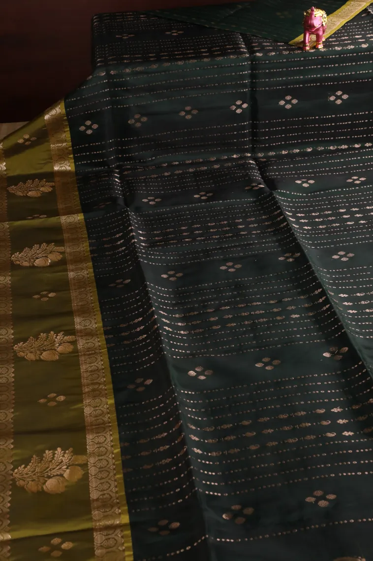 Bottle Green Soft Silk Saree with Gold Zari Straipes And Puttas view 2