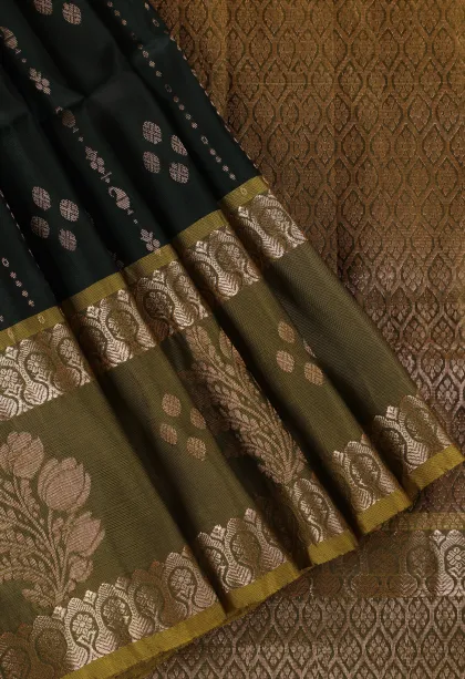 Bottle Green Soft Silk Saree with Gold Zari Straipes And Puttas