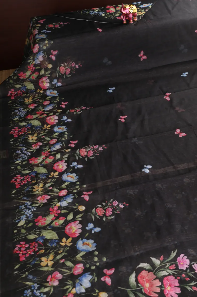 Asphalt Black Linen Saree Without Zari With Floral Patterns view 2