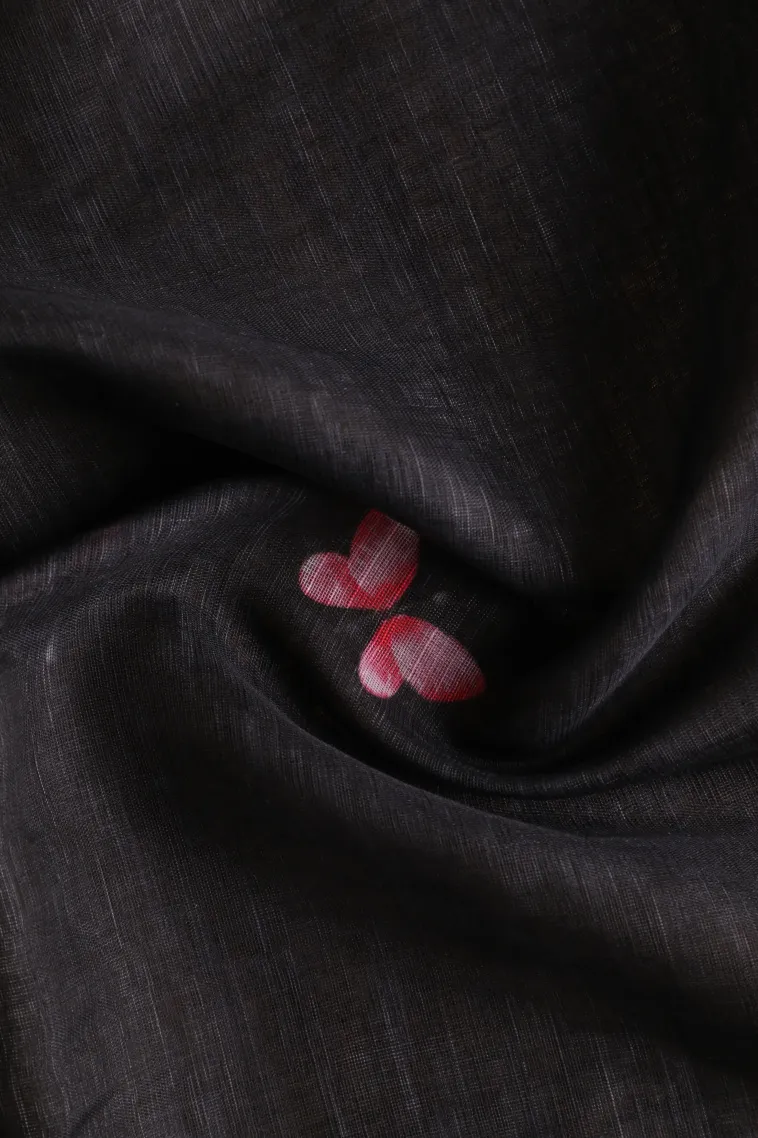 Asphalt Black Linen Saree Without Zari With Floral Patterns view 4