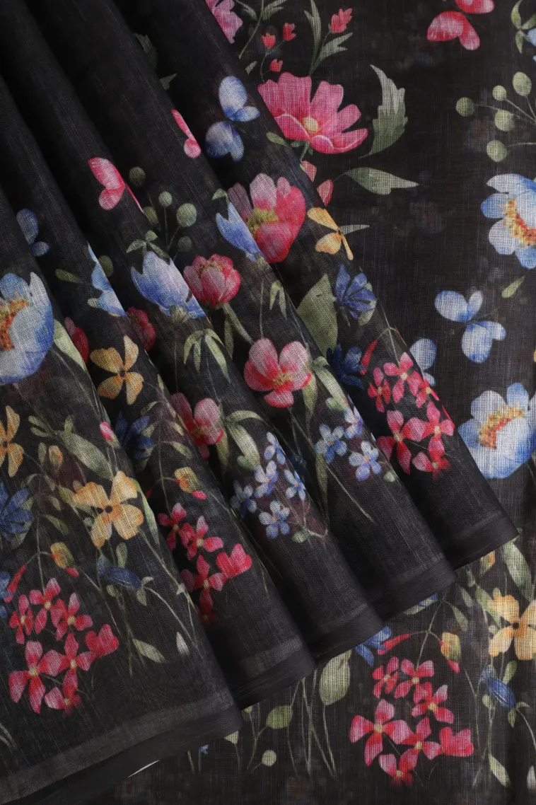 Asphalt Black Linen Saree Without Zari With Floral Patterns