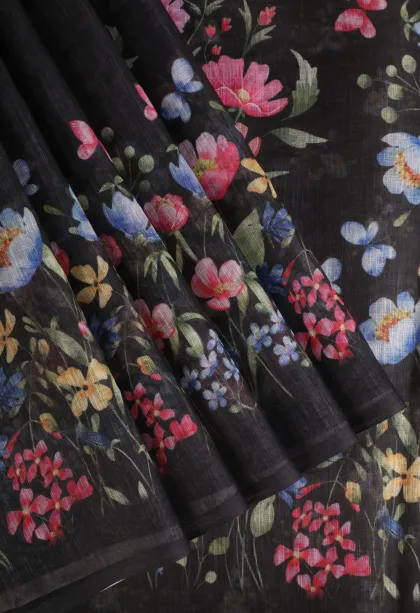 Asphalt Black Linen Saree Without Zari With Floral Patterns