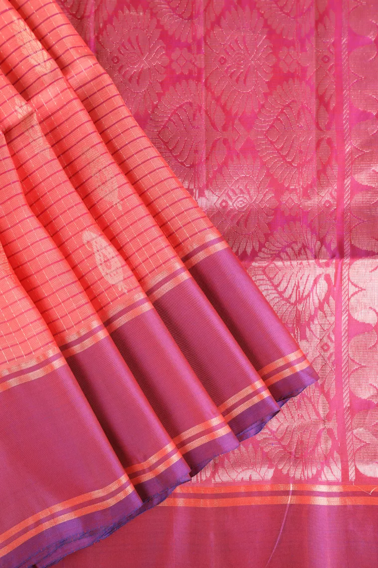 Salmon Pink Soft Silk Saree with Gold Zari Checks And Puttas