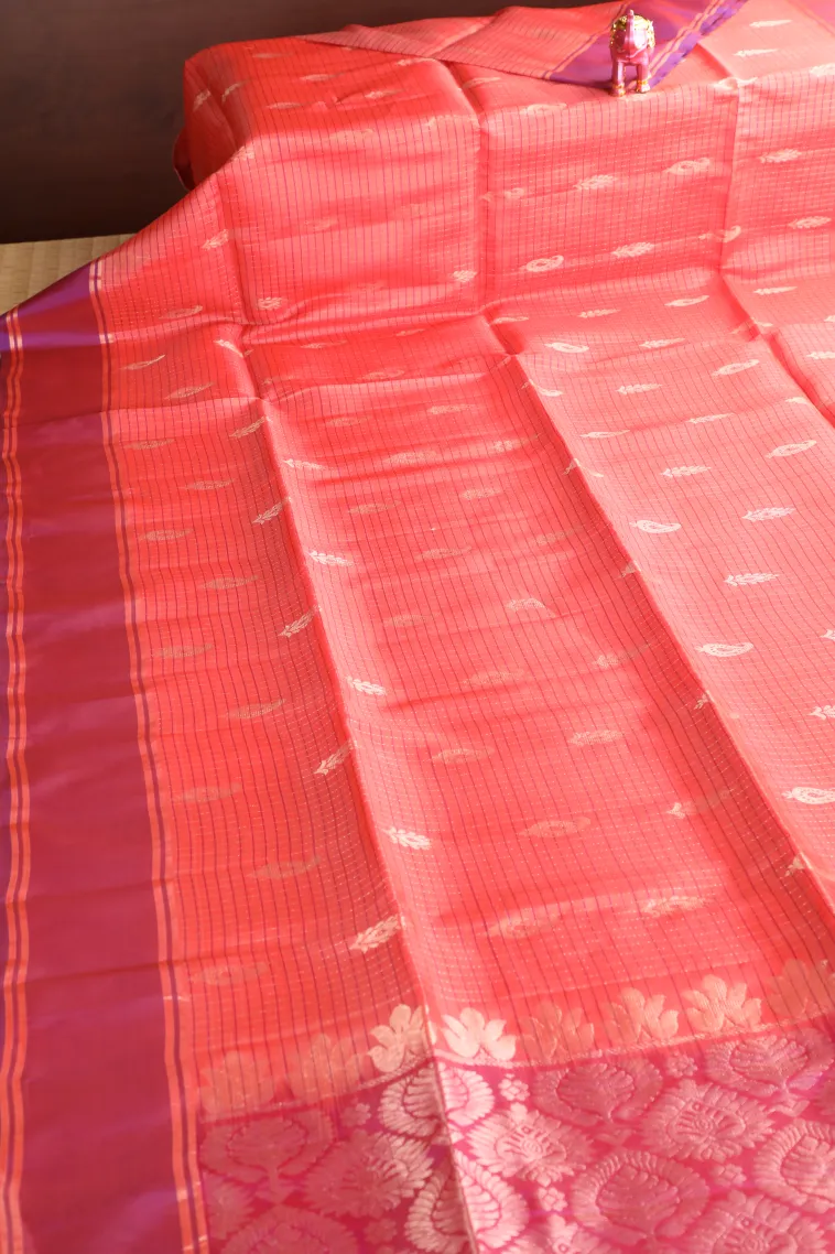 Salmon Pink Soft Silk Saree with Gold Zari Checks And Puttas view 2