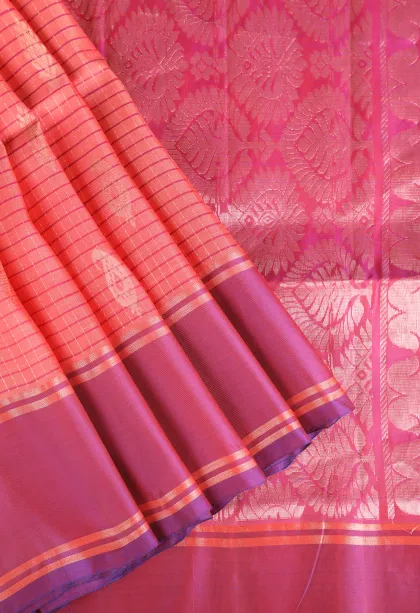 Salmon Pink Soft Silk Saree with Gold Zari Checks And Puttas
