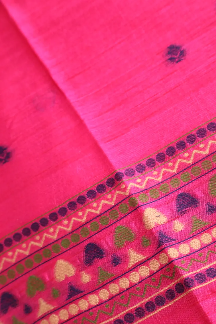 Hot Pink Semi Tussar Silk with Gold And Silver Zari Flower Mottif view 3