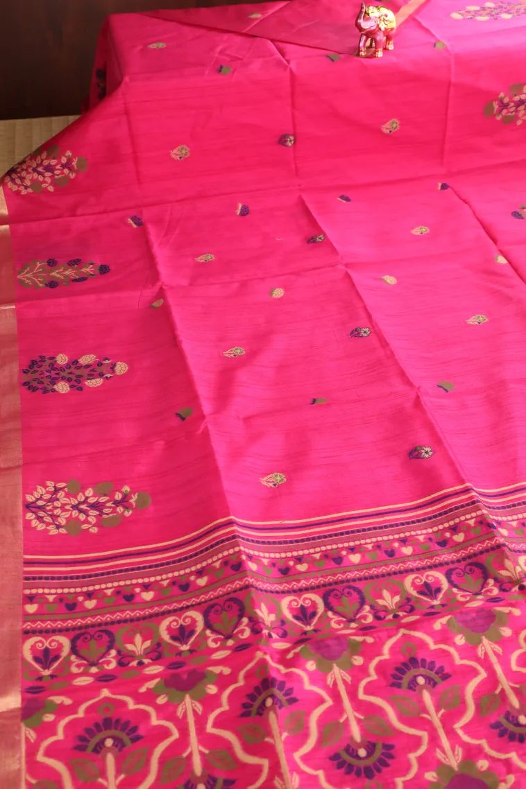 Hot Pink Semi Tussar Silk with Gold And Silver Zari Flower Mottif view 2