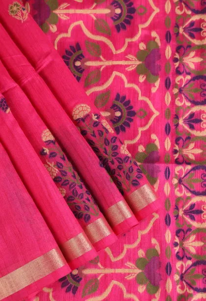 Hot Pink Semi Tussar Silk with Gold And Silver Zari Flower Mottif