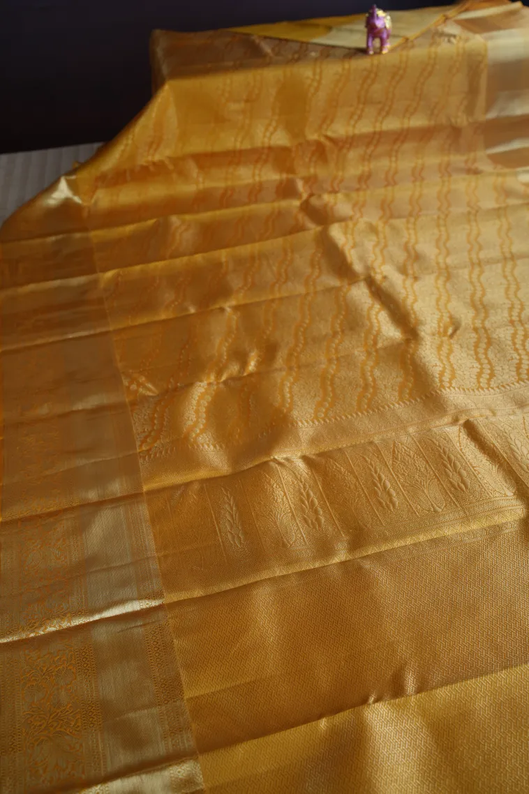 Gold Kanchipuram Silk Sarees with Gold Zari Cross Stripes view 2