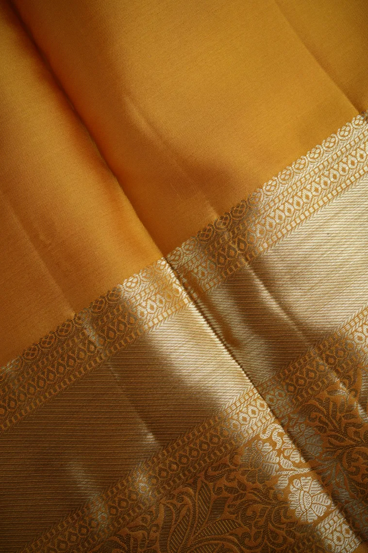 Gold Kanchipuram Silk Sarees with Gold Zari Cross Stripes view 3