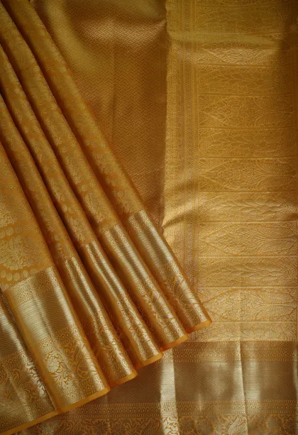 Gold Kanchipuram Silk Sarees with Gold Zari Cross Stripes