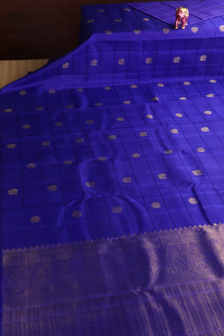 Lapis Blue Kanchipuram Silk Sarees with Gold Zari Peacock And Rudhractam view 2