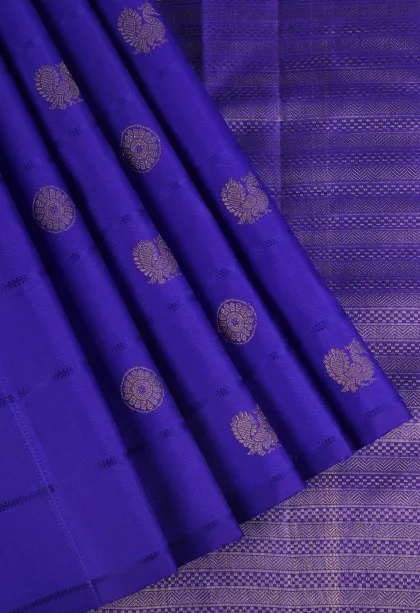 Lapis Blue Kanchipuram Silk Sarees with Gold Zari Peacock And Rudhractam