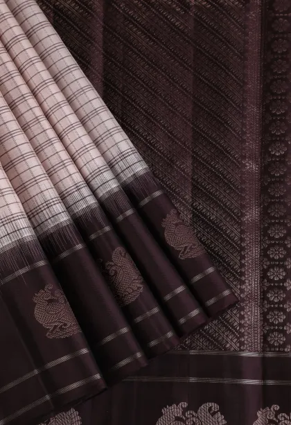 Coconut White Soft Silk Saree with Gold And Silver Zari Checks