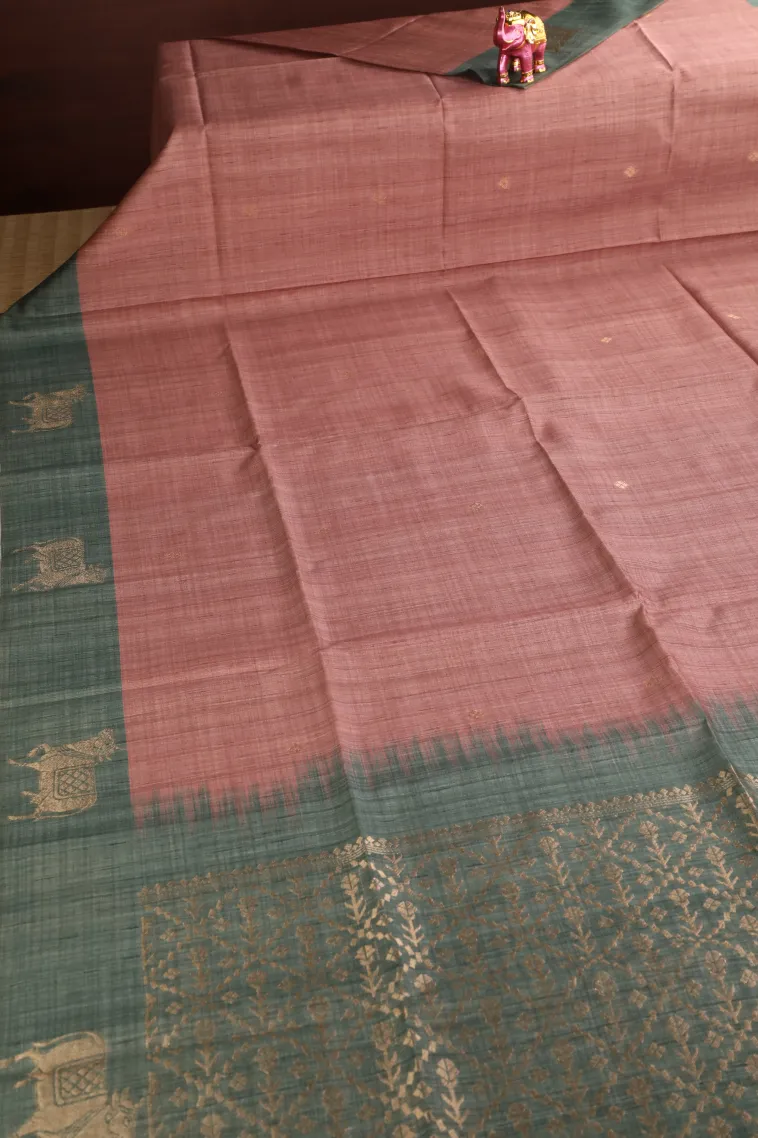 Salmon Pink Semi Tussar Silk with Gold Zari Buttis (small Dots Or Motifs) view 2