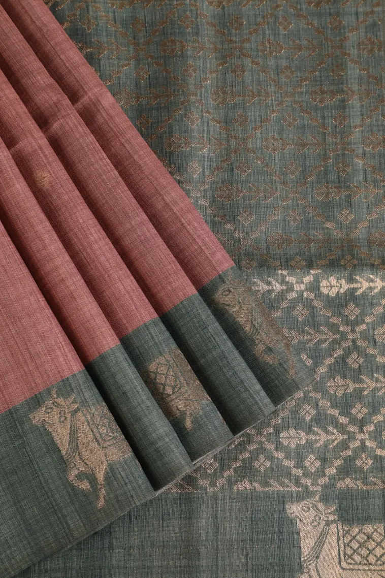 Salmon Pink Semi Tussar Silk with Gold Zari Buttis (small Dots Or Motifs)