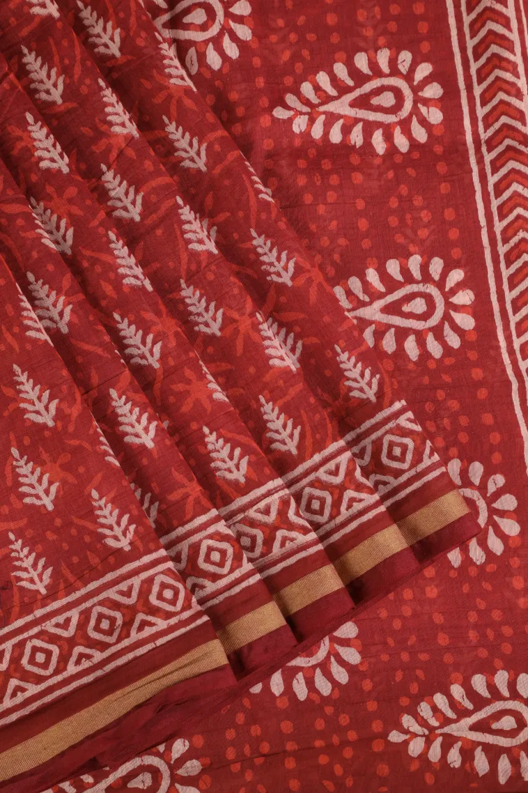 Apple Red Chanderi Cotton Sarees with Gold Zari Tree Mottif