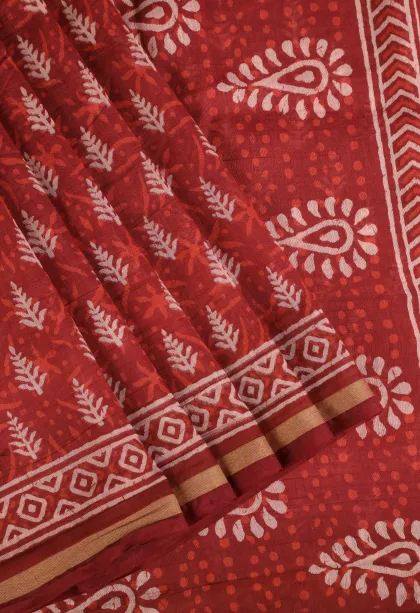 Apple Red Chanderi Cotton Sarees with Gold Zari Tree Mottif
