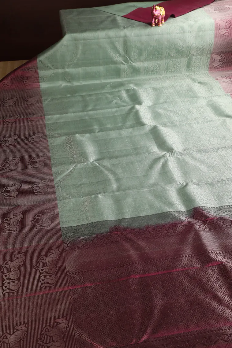 Pistachio Green Soft Silk Saree with Silver Zari Floral Patterns view 2