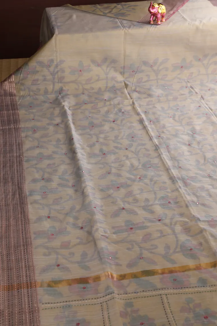 Sandollar Yellow Linen Saree with Gold Zari Floral Patterns view 2