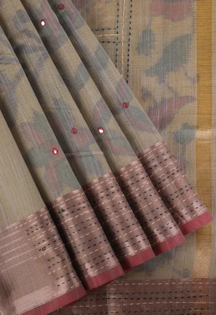 Sandollar Yellow Linen Saree with Gold Zari Floral Patterns