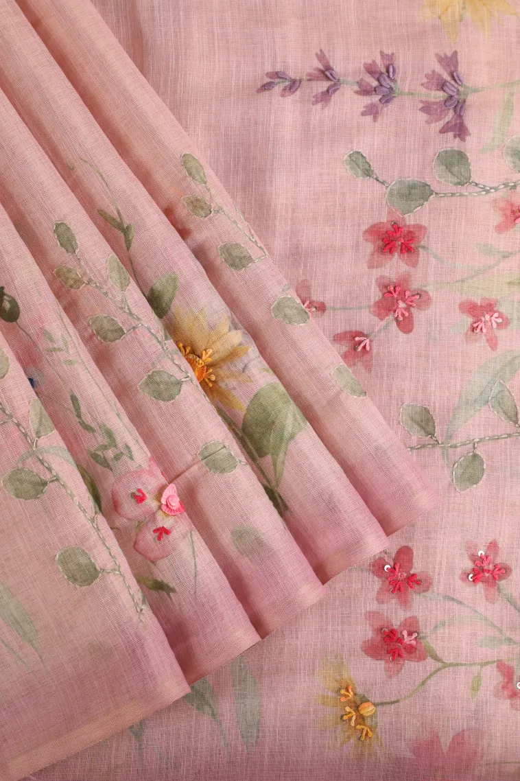 Crepe Pink Tissue Silk Sarees with Thread Zari Floral Patterns