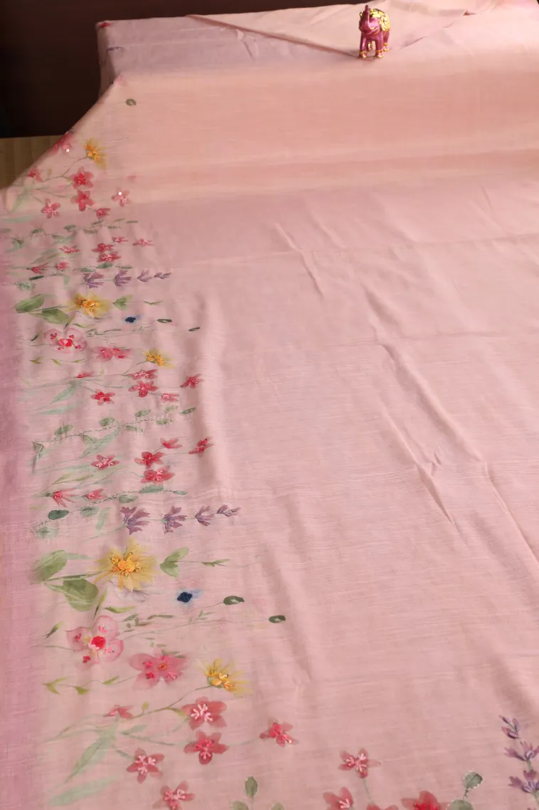 Crepe Pink Tissue Silk Sarees with Thread Zari Floral Patterns view 2